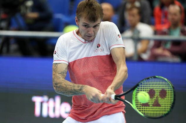 MOSCOW, RUSSIA - OCTOBER 15, 2019: Kazakhstan s Alexander Bublik returns the ball during the men s singles 1st round match against Russia s Andrey Rublev at the 2019 VTB Kremlin Cup International Tennis Tournament at the Krylatskoye Ice Palace. Mikhail Tereshchenko TASS  TS0BEFC4