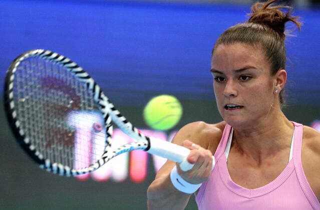 MOSCOW, RUSSIA - OCTOBER 15, 2019: Greece s Maria Sakkari returns the ball during the women s singles 1st round match against Russia s Anastasia Pavlyuchenkova at the 2019 VTB Kremlin Cup International Tennis Tournament at the Krylatskoye Ice Palace. Mikhail Tereshchenko TASS  TS0BF011