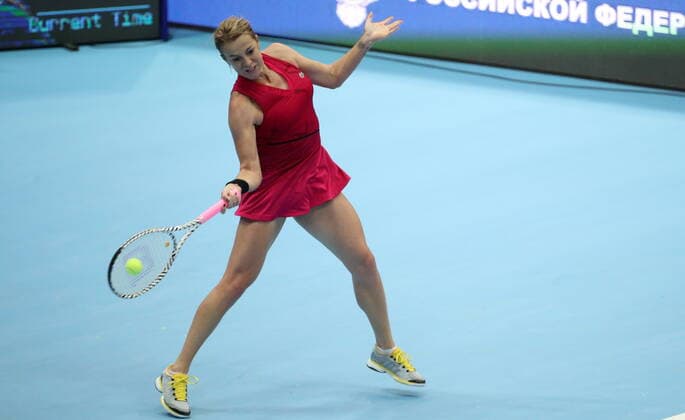MOSCOW, RUSSIA - OCTOBER 15, 2019: Russia s Anastasia Pavlyuchenkova returns the ball during the women s singles 1st round match against Greece s Maria Sakkari at the 2019 VTB Kremlin Cup International Tennis Tournament at the Krylatskoye Ice Palace. Mikhail Tereshchenko TASS  TS0BF02B