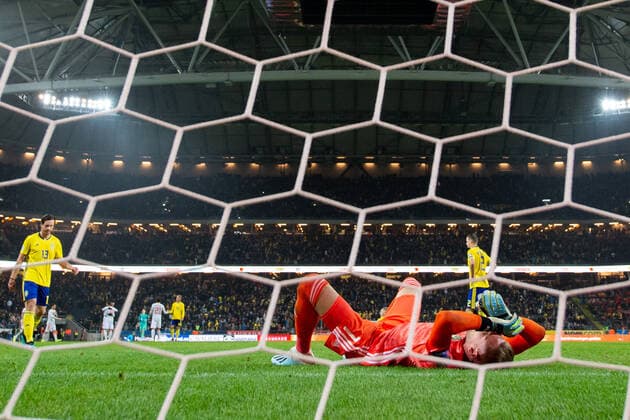 191015 Goalkeeper Robin Olsen of Sweden looks dejected after the UEFA Euro Qualifier football match between Sweden and Spain on October 15, 2019 in Stockholm Photo Carl Sandin BILDBYRAN code CS 57999 450 BBENG football football soccer soccer UEFA Euro Qualifier EM qualification qualifying in international Sweden Sweden A Sweden Spain Spain depp,  Copyright: CARLxSANDIN BB191015CS045