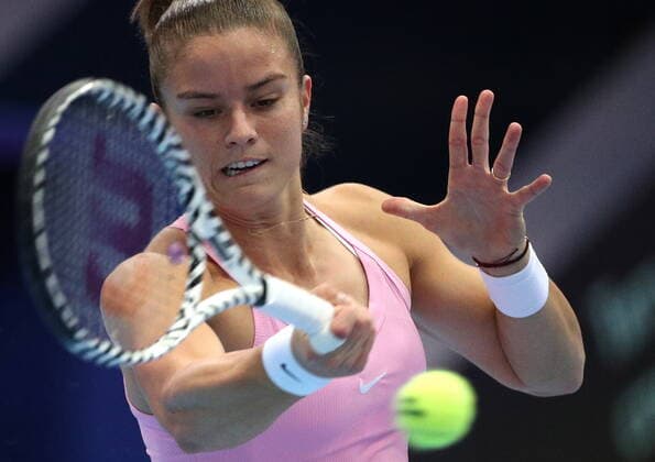 MOSCOW, RUSSIA - OCTOBER 15, 2019: Greece s Maria Sakkari returns a shot in a women s first round singles match against Pavlyuchenkova at the 2019 VTB Kremlin Cup tennis tournament at Krylatskoe Ice Palace; Sakkari lost 7-5, 1-6, 3-6. Mikhail Tereshchenko TASS  TS0BF02E