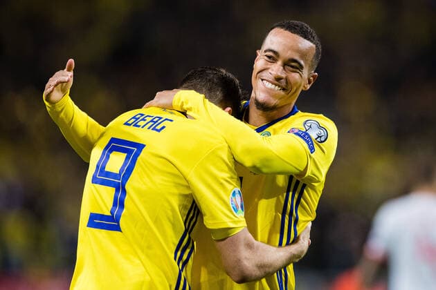 191015 Marcus Berg and Robin Quaison of Sweden celebrates 1 0 during the UEFA Euro Qualifier football match between Sweden and Spain on October 15, 2019 in Stockholm,  Copyright: ANDREASxLxERIKSSON BB191015AE062