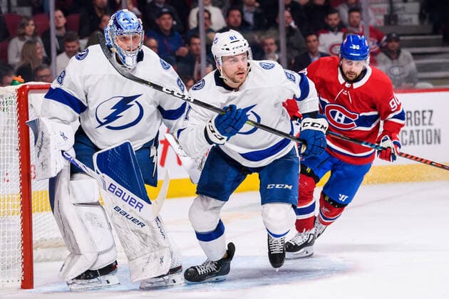 MONTREAL, QC - OCTOBER 15: Erik Cernak (81) of the Tampa Bay Lightning skates away from Tomas Tatar (90) of the Montreal Canadiens during the second period of the NHL, Eishockey Herren, USA game between the Tampa Bay Lighting and the Montreal Canadiens on October 15, 2019, at the Bell Centre in Montreal, QC(Photo by Vincent Ethier Icon Sportswire) NHL: OCT 15 Lightning at Canadiens Icon1910152206