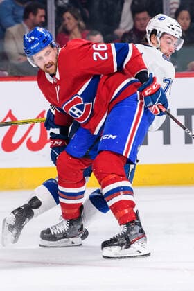 MONTREAL, QC - OCTOBER 15: Jeff Petry (26) of the Montreal Canadiens and Anthony Cirelli (71) of the Tampa Bay Lightning skate for the puck during the third period of the NHL, Eishockey Herren, USA game between the Tampa Bay Lighting and the Montreal Canadiens on October 15, 2019, at the Bell Centre in Montreal, QC(Photo by Vincent Ethier Icon Sportswire) NHL: OCT 15 Lightning at Canadiens Icon1910152308