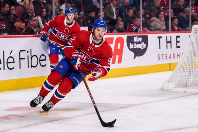 MONTREAL, QC - OCTOBER 15: Jonathan Drouin (92) of the Montreal Canadiens skates with the puck during the third period of the NHL, Eishockey Herren, USA game between the Tampa Bay Lighting and the Montreal Canadiens on October 15, 2019, at the Bell Centre in Montreal, QC(Photo by Vincent Ethier Icon Sportswire) NHL: OCT 15 Lightning at Canadiens Icon1910152387
