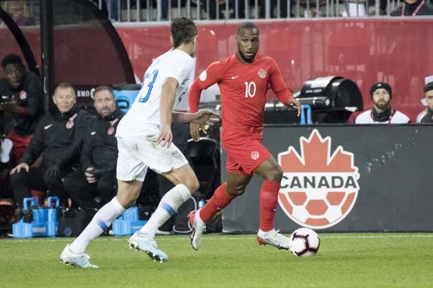 October 15, 2019, Toronto, Ontario, Canada: Aaron Long (23) and David Hoilett (10) in action during the Canada vs USA - Nations League qualifier game Canada vs USA - Nations League qualifier - ZUMAm154 20191015_zap_m154_006 Copyright: xAngelxMarchinix