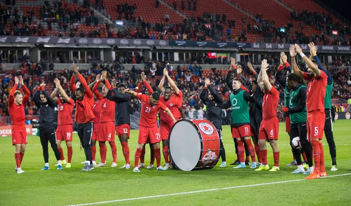 (191016) -- TORONTO, Oct. 16, 2019 -- Players of Canada celebrate victory after the League A Group A match of the 2019-2020 Concacaf Nations League between Canada and the United States at BMO Field in Toronto, Canada, Oct. 15, 2019. (Photo by Xinhua) (SP)CANADA-TORONTO-SOCCER-CONCACAF NATIONS LEAGUE-CAN VS USA ZouxZheng 