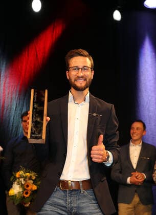 DSV clothing with award of the Golden Ski Markus Eisenbichler is ski athlete of the year, elected by the active members of the German Ski Association Laupheim Germany Kässbohrer Headquarters