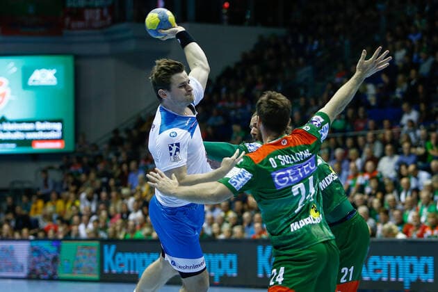 17 10 2019, xtgx, Handball Liqui Moly HBL, SC Magdeburg TVB Stuttgart emspor, v l Samuel Roethlisberger Stuttgart, 17 scores goal, goal scorer, scored goal, scores the goal GETEC Arena