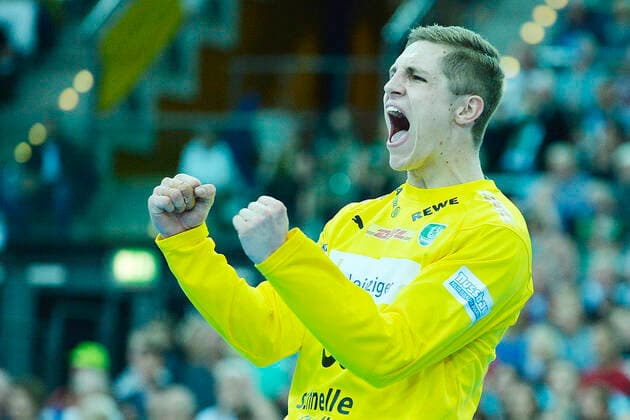 LIQUI MOLY Handball Bundesliga 2019 2020, 10 matchday, SC DHfK Leipzig vs. TBV Lemgo Lippe 17 10 2019 Jubilee after a brilliant parade by Joel Birlehm Tormann DHfK Leipzig, back number 35 in Handball Bundesliga game Leipzig vs. TBV Lemgo Lippe 17 10 2019 Leipzig Sachsen Deutschland Arena Leipzig