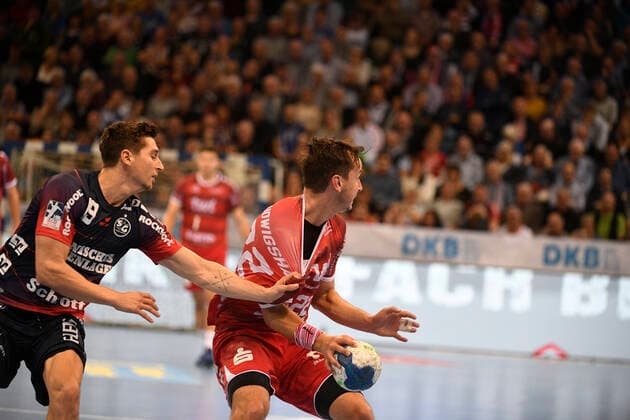 Jannik Hofmann Eulen Ludwigshafen vs. Marius Steinhauser SG Flensburg Handewitt , Handball Bundesliga, Men, 10 Matchday, SG Flensburg Handewitt vs. Eulen Ludwigshafen, 17 10 19 Flensburg Flens Arena Schleswig Holstein Germany