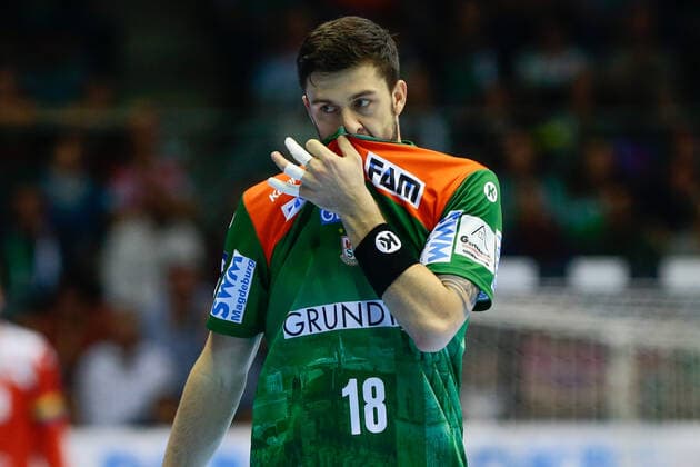 17 10 2019, xtgx, Handball Liqui Moly HBL, SC Magdeburg TVB Stuttgart emspor, v l Filip Kuzmanovski Magdeburg, 18 disappointed, looks disappointed, knocked down, disappointed GETEC Arena