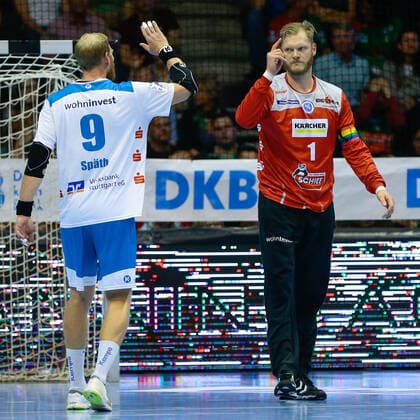 17 10 2019, xtgx, Handball Liqui Moly HBL, SC Magdeburg TVB Stuttgart emspor, v l Manuel Spaeth Stuttgart, 9 and Johannes Bitter Stuttgart, 1 Jubelt über held Ball, defended, held, goalkeeper GETEC Arena