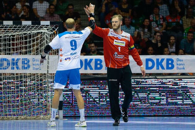 17 10 2019, xtgx, Handball Liqui Moly HBL, SC Magdeburg TVB Stuttgart emspor, v l Manuel Spaeth Stuttgart, 9 and Johannes Bitter Stuttgart, 1 Jubelt über held Ball, defended, held, goalkeeper GETEC Arena