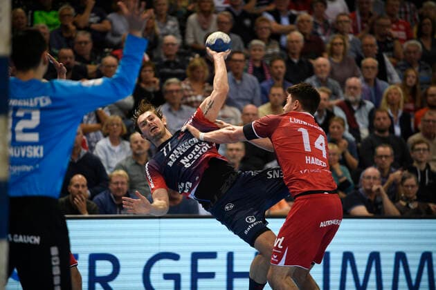 Magnus Röd SG Flensburg Handewitt against Max Haider Eulen Ludwigshafen , Handball Bundesliga, Men, 10 Matchday, SG Flensburg Handewitt vs Eulen Ludwigshafen, 17 10 19 Flensburg Flens Arena Schleswig Holstein Germany