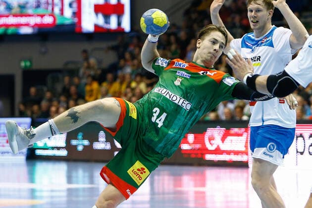 17 10 2019, xtgx, Handball Liqui Moly HBL, SC Magdeburg TVB Stuttgart emspor, v l Michael Damgaard Magdeburg, 34 scores goal, goal scorer, scored goal, scores the goal GETEC Arena