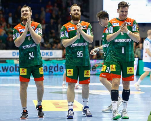 17 10 2019, xtgx, Handball Liqui Moly HBL, SC Magdeburg TVB Stuttgart emspor, v l Magdeburg around Moritz Preuss Magdeburg, 95 Jubel über den Sieg, Jubel nach Spielende GETEC Arena