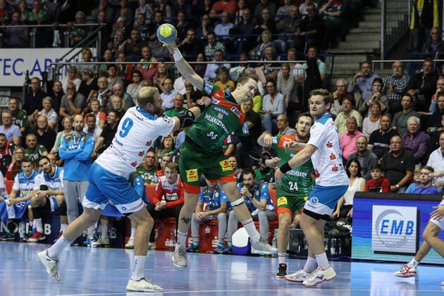Michael Damgaard SC Magdeburg vs. Manuel Späth TVB 1898 Stuttgart Handball Bundesliga Season 2019 2020 SC Magdeburg vs. TVB 1898 Stuttgart in the GETEC Arena in Magdeburg Action,Handball,MannMänner,Germany,17 10 2019