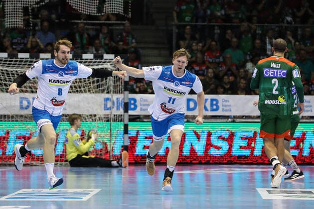 Adam Löhn re and Rudolf Faluvegi TVB 1898 Stuttgart Handball Bundesliga Season 2019 2020 SC Magdeburg vs. TVB 1898 Stuttgart in the GETEC Arena in Magdeburg Action,Handball,MannMänner,Germany,17 10 2019