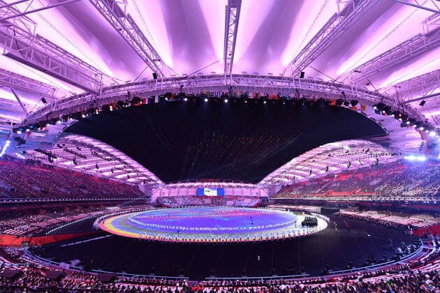 (191018) -- WUHAN, Oct. 18, 2019 -- Photo taken on Oct. 18, 2019 shows a view of the opening ceremony of the 7th International Military Sports Council (CISM) Military World Games in Wuhan, capital of central China s Hubei Province.) (SP)CHINA-WUHAN-7TH MILITARY WORLD GAMES-OPENING CEREMONY HuxHuhu 