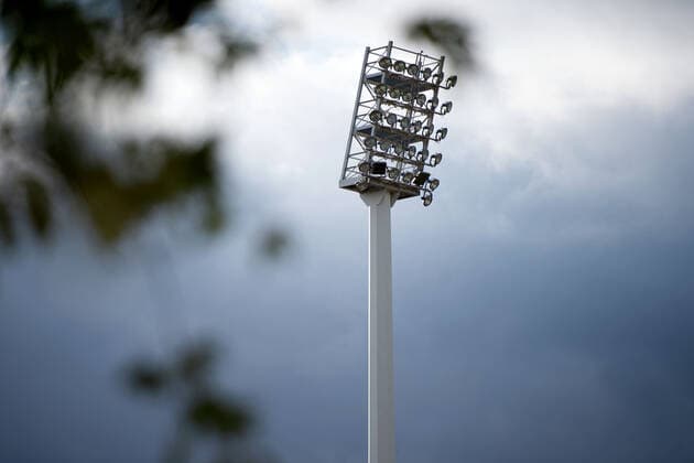Wattenscheid, Germany 18 10 2019 Regionalliga West 2019 2020 SG Wattenscheid 09 on the brink of insolvency The SG Wattenscheid 09 club is on the brink of insolvency The picture shows a floodlight mast Wattenscheid North Rhine Westphalia Germany Lohrheidestadion