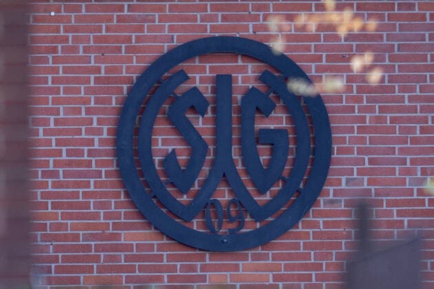 Wattenscheid, Germany 18 10 2019 Regionalliga West 2019 2020 SG Wattenscheid 09 before insolvency Coat of arms, emblem, sticker, logo of SG Wattenscheid 09 The club is on the verge of insolvency Wattenscheid North Rhine-Westphalia Germany Lohrheidestadion