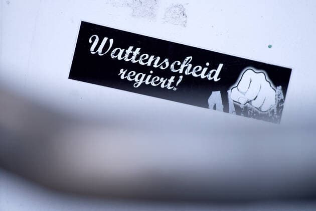 Wattenscheid, Germany 18 10 2019 Regionalliga West 2019 2020 SG Wattenscheid 09 before insolvency Coat of arms, emblem, logo, sticker of SG Wattenscheid 09 The club is on the verge of insolvency Wattenscheid North Rhine-Westphalia Germany Lohrheidestadion
