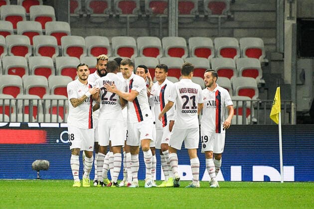 JOIE - 18 MAURO ICARDI (PSG) - 12 THOMAS MEUNIER (PSG) FOOTBALL : Nice vs Paris SG - Ligue 1 Conforama - 18 10 2019 FEP Panoramic 