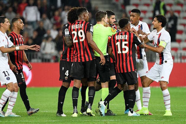 ALTERCATION - COLERE - 03 PRESNEL KIMPEMBE (PSG) - 05 MARQUINHOS (PSG) FOOTBALL : Nice vs Paris SG - Ligue 1 Conforama - 18 10 2019 FEP Panoramic 