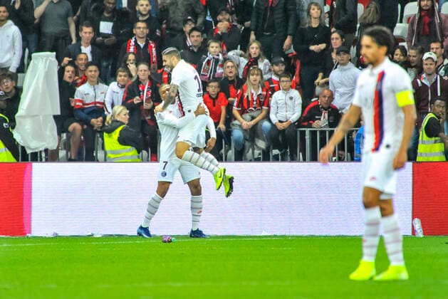 Joie - Kylian Mbappe (PSG) - Mauro Icardi (PSG) FOOTBALL : OGC nice vs PSG - Ligue 1 conforama - Nice - 18 10 2019 NorbertScanella PanoramiC 