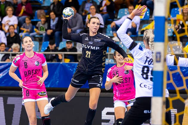 Ludwigsburg, Germany 19 October 2019 CL 19 20 SG BBM Bietigheim vs Brest Bretagne Handball vs Ana Gros Brest Bretagne , Fie Woller Bietigheim , Sandra Toft Brest Bretagne Bietigheim Bissingen Egetrans Arena Baden Württemberg Germany