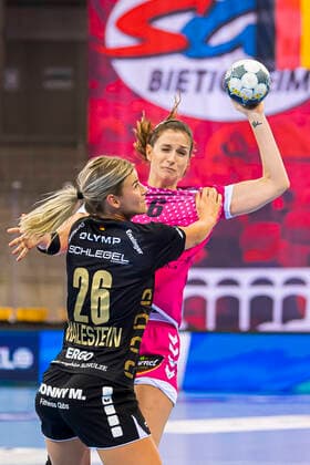Ludwigsburg, Germany 19 October 2019 CL 19 20 SG BBM Bietigheim vs Brest Bretagne Handball Angela Malestein Bietigheim , Ana Gros Brest Bretagne Bietigheim Bissingen Egetrans Arena Baden Württemberg Germany