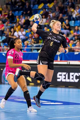 Ludwigsburg, Germany 19 October 2019 CL 19 20 SG BBM Bietigheim vs Brest Bretagne Handball vs Pauletta Foppa Brest Bretagne , Maren Nyland Aardahl Bietigheim Bietigheim Bissingen Egetrans Arena Baden Württemberg Germany