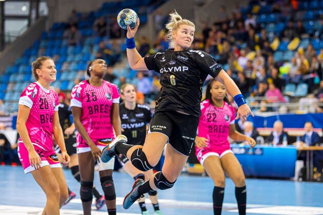 Ludwigsburg, Germany 19 October 2019 CL 19 20 SG BBM Bietigheim vs Brest Bretagne Handball vs Sladana Pop Lazic Brest Bretagne , Kalidiatou Niakate Brest Bretagne , Maren Nyland Aardahl Bietigheim Bietigheim Bissingen Egetrans Arena Baden Württemberg Germany
