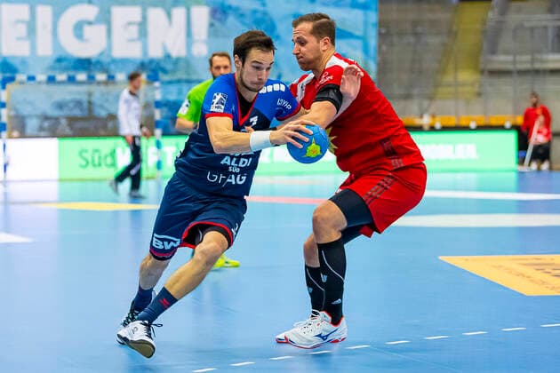 Bietigheim, Germany 19 October 2019 2 BL 19 20 SG BBM Bietigheim vs TuS N Lübbecke v left in duel Dominik Claus SG BBM Bietigheim and Marian Orlowski Tus N Luebbecke Bietigheim Egetrans Arena Baden Württemberg Germany