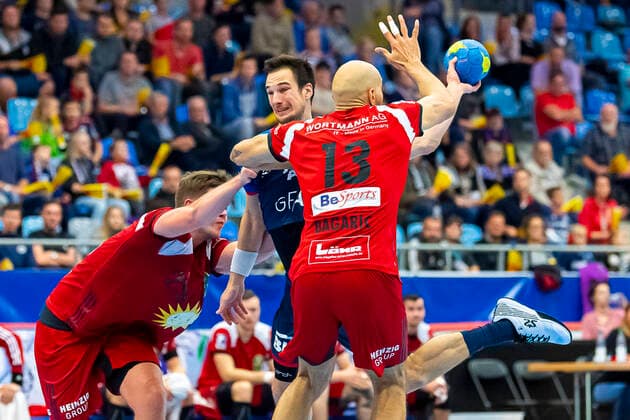 Bietigheim, Germany 19 October 2019 2 BL 19 20 SG BBM Bietigheim vs TuS N Lübbecke v left in duel Dominik Claus SG BBM Bietigheim and Marko Bagaric Tus N Luebbecke Bietigheim Egetrans Arena Baden Württemberg Germany