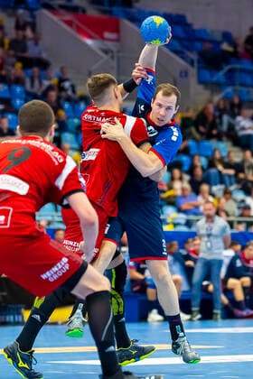 Bietigheim, Germany 19 October 2019 2 BL 19 20 SG BBM Bietigheim vs TuS N Lübbecke v left in duel Patryk Walczak Tus N Luebbecke and Jonas Link SG BBM Bietigheim Bietigheim Egetrans Arena Baden Württemberg Germany