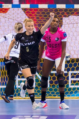 Ludwigsburg, Germany 19 October 2019 CL 19 20 SG BBM Bietigheim vs Brest Bretagne Handball Antje Lauenroth Bietigheim , Kalidiatou Niakate Brest Bretagne Bietigheim Bissingen Egetrans Arena Baden Württemberg Germany