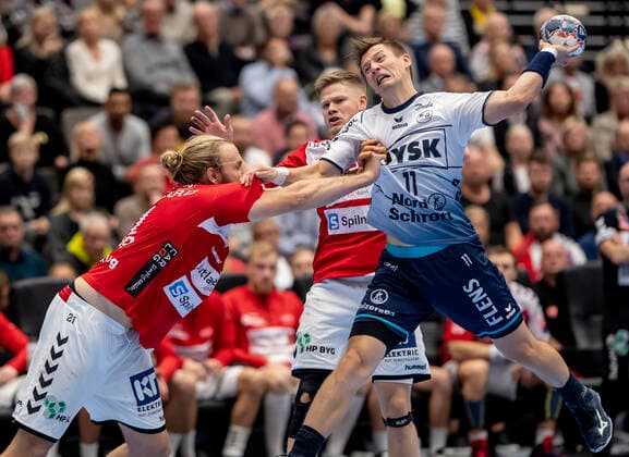 Aalborg Handbold meets SG Flensburg Handewitt in a Champions League mens handball match played in Jutlander Bank Arena, Aalborg, Sunday 20 October 2019 Henrik Moellgaard 21 Aalborg and Lasse Svan 11, Aalborg,  Copyright: FotografxRenéxSchütze RenéxSchützex COP107 spdk20191020-175053-L