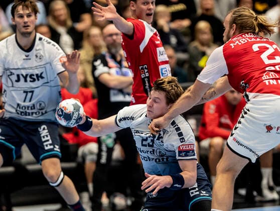 Aalborg Handbold meets SG Flensburg Handewitt in a Champions League mens handball match played in Jutlander Bank Arena, Aalborg, Sunday 20 October 2019 Henrik Moellgaard 21 Aalborg and Goeran Soegaard Johannessen 23, Aalborg,  Copyright: FotografxRenéxSchütze RenéxSchützex COP107 spdk20191020-175109-L