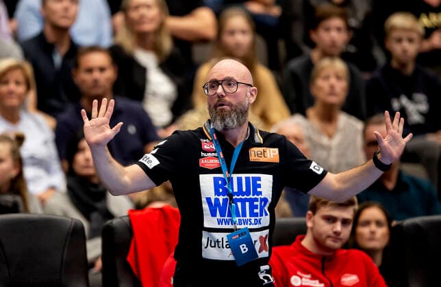 Aalborg Handbold meets SG Flensburg Handewitt in a Champions League mens handball match played in Jutlander Bank Arena, Aalborg, Sunday, October 20, 2019 End 31 28 Aalborg Head Coach Stefan Madsen, Aalborg,  Copyright: FotografxRenéxSchütze RenéxSchützex COP107 spdk20191020-193109-L