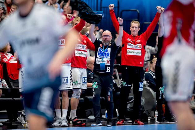 Aalborg Handbold meets SG Flensburg Handewitt in a Champions League mens handball match played in Jutlander Bank Arena, Aalborg, Sunday, October 20, 2019 End 31 28 Aalborg Head Coach Stefan Madsen cheers, Aalborg,  Copyright: FotografxRenéxSchütze RenéxSchützex COP107 spdk20191020-193141-L