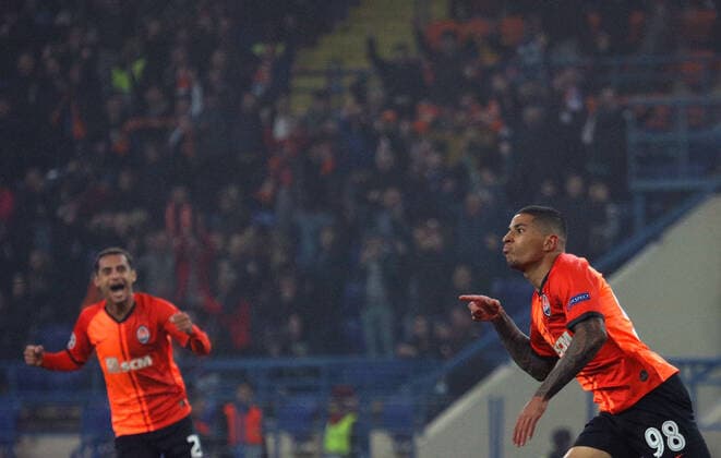Defender DodÃ (R) of FC Shakhtar Donetsk celebrates upon bagging the team s second goal during the UEFA Champions League Matchday 3 Group C game against GNK Dinamo Zagreb at the Metalist Stadium Regional Sports Complex, Kharkiv, northeastern Ukraine, October 22, 2019. Ukrinform. Shakhtar meets Dinamo Zagreb in Champions League Group C match in Kharkiv  Copyright: xDanilxShamkinx