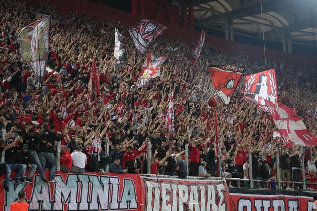 Olympiacos F.C. v Bayern Munich UEFA Champions League Olympiacos F.C. fans during the UEFA Champions League match at Karaiskakis Stadium, Piraeus Content Not Available For UK Newspapers Copyright: xYannisxHalasx FIL-13767-0046