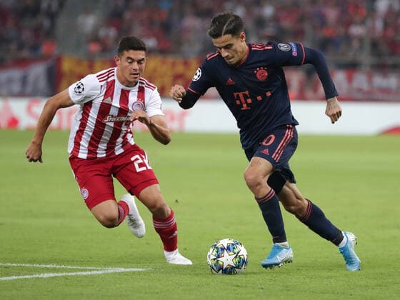 Olympiacos F.C. v Bayern Munich UEFA Champions League Maximiliano Lovera of Olympiacos F.C. and Philippe Coutinho of Bayern Munich during the UEFA Champions League match at Karaiskakis Stadium, Piraeus Content Not Available For UK Newspapers Copyright: xYannisxHalasx FIL-13767-0052