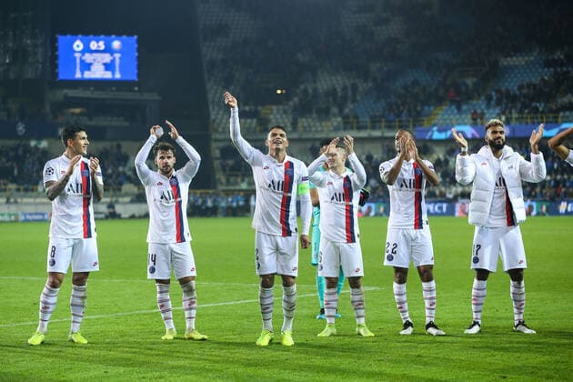 (191023) -- BRUGGE, Oct. 23, 2019 -- PSG s captain Thiago Silva (3rd L) and his teammates celebrate the victory after a Group A match of the 2019-2020 UEFA Champions League between Paris Saint-Germain (PSG) and Club Brugge in Brugge, Belgium, Oct. 22, 2019. ) (SP)BELGIUM-BRUGGE-SOCCER-UEFA CHAMPIONS LEAGUE-CLUB BRUGGE VS PSG ZhengxHuansong 