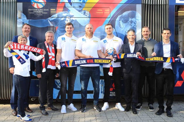 HANDBALL - OEHB press conference, PK, Pressekonferenz GRAZ,AUSTRIA,23.OCT.19 - HANDBALL - EHF European Championship, EM, Europameisterschaft 2020, preview, OEHB press conference. Image shows Didi Peissl (LOK Graz), Barbara Muhr (Holding Graz), member of provincial government of sports Anton Lang (Styria), Daniel Dicker, head coach Ales Pajovic, Nikola Bilyk (AUT), sports councilor Kurt Hohensinner (Graz), sporting director Patrick Foelser (OEHB) and genaral secretary Bernd Rabenseifner (OEHB).. GEPAxpictures xMarioxBuehner