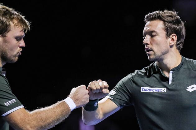 Swiss Indoors ATP World Tour 500 2019 3 Round 23 10 2019 Kevin Krawietz GER left and Andreas Mies GER , at the Swiss Indoors ATP World Tour 500 Tennis match 1 8 Finals Double between Kevin Krawietz GER Andreas Mies GER and Jeremy Chardy FRA Fabrice Martin FRA , on Wednesday, 23 October 2019 St Jakobshalle in Basel Switzerland Copyright: xBEAUTIFULxSPORTS G.xHubbsx
