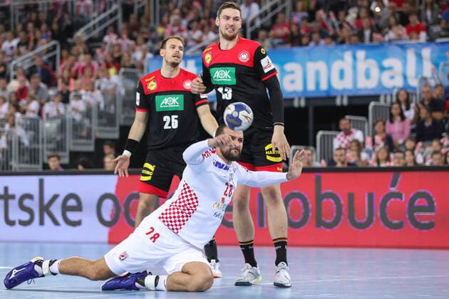 Friendly match between Croatia and Germany at the Zagreb Arena 23.10.2019., Croatia, Zagreb - Friendly handball match between Croatia and Germany at the Zagreb Arena. Zeljko Musa, Kai Hafner, Hendrik Pekeler.  LukaxStanzl PIXSELL