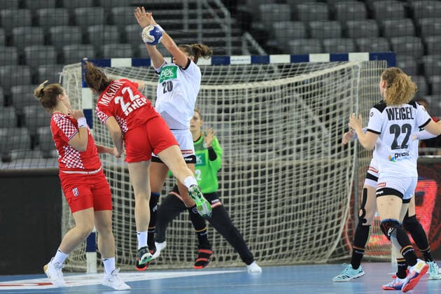 Zagreb, 23.10.2019. - Friendly handball match between Croatia and Germany (women) at the Zagreb Arena. Croatia (red) - Germany (white) 21:21 Katarina MRAZOVIC (22) vs Emily BOLK (20) 